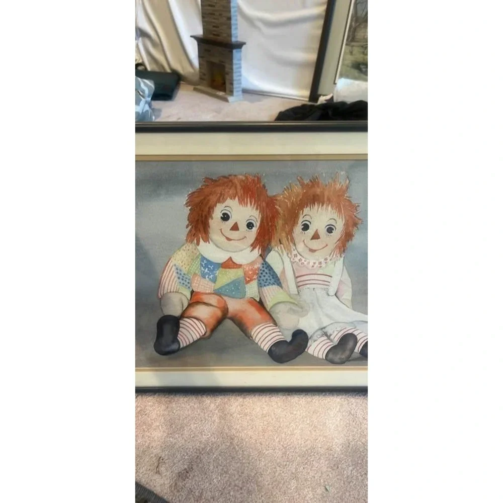 Vintage Raggedy Ann and Andy Framed Watercolor Print Nursery Wall Art 19x15